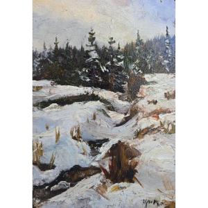 Lucien Hock (1899-1972), paysage d'hiver enneigé, fagnes belge, ardenne, neige, foret