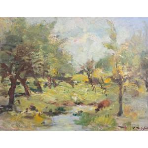 Georges Fichefet (1864-1954), paysage boisé au ruisseau, vache, campagne, 