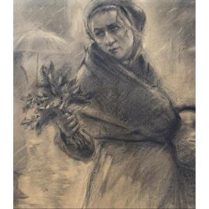 Fernand Gillon (-1950), portrait de femme, vendeuse de fleurs sous la pluie, fusain