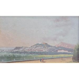 École italienne , 18eme, xviiie, miniature , vedute , vue de Naples , Napoli dal Campo ,gouache