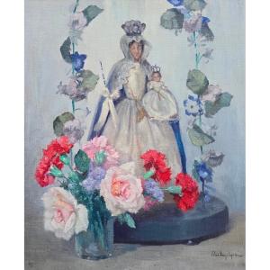 Elisabeth Van Ingelgem (1890–1976), Religious Still Life, Statuette Of The Virgin Mary, Flowers