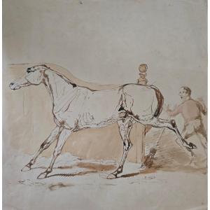 Anonyme - école francaise - 19e siècle - cheval furieux à l'écurie - dlg. Gericault, De Dreux