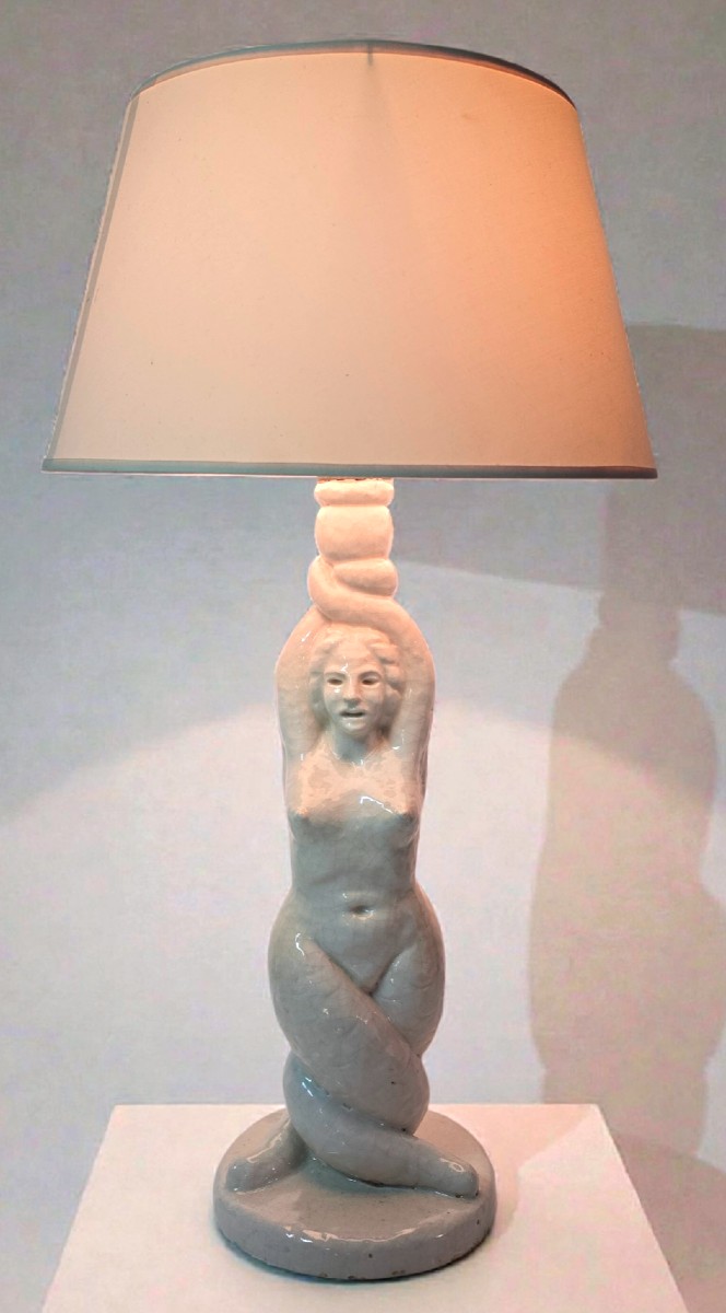 Grande Lampe "sirène " en céramique craquelée annees 40