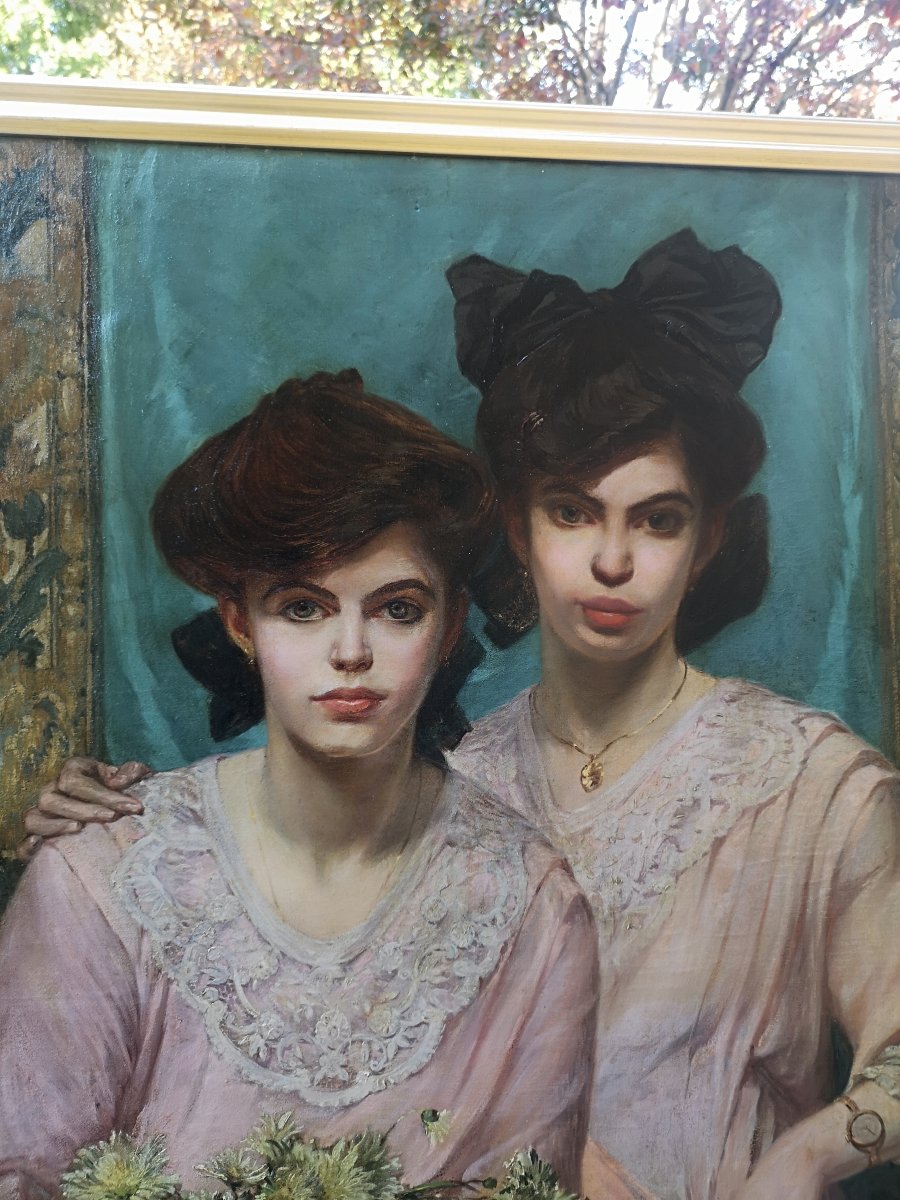 Oil Painting On Canvas Signed By Lohr F., A Hungarian Painter, Depicting Two Young Girls.-photo-3