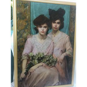 Peinture à l'huile sur toile signée Lohr F. peintre Hongrois, représentant deux Jeunes filles,
