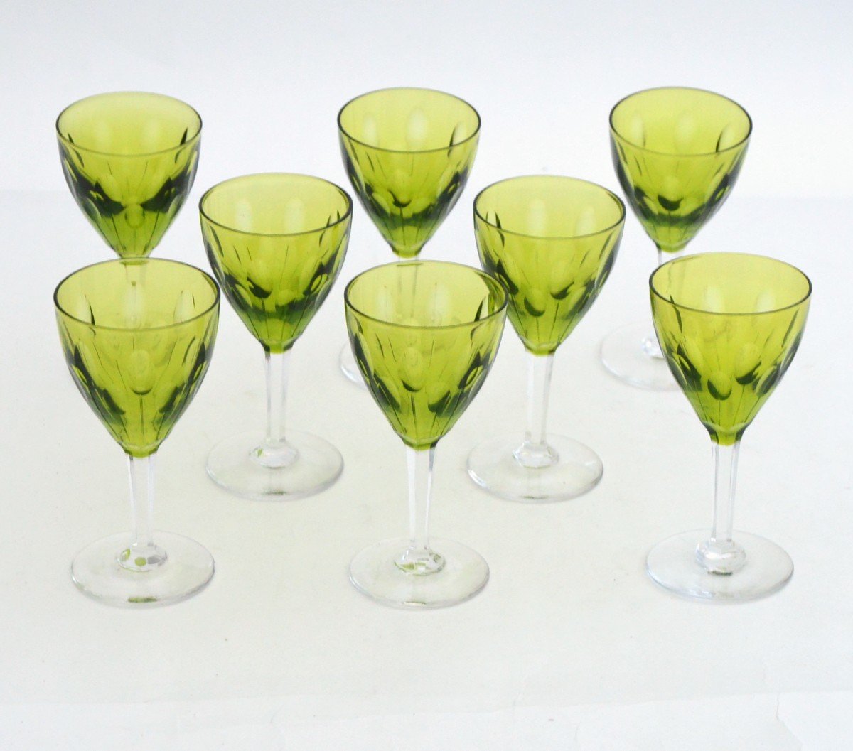 Huit Verres En Cristal Taillé Vert Du Val Saint Lambert  Modèle Nestor