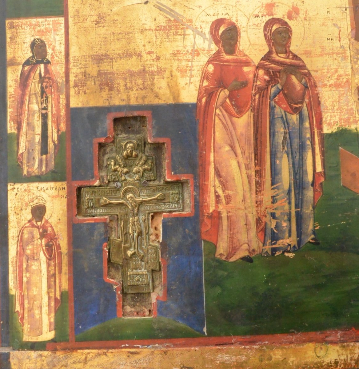 Russian Icon The Crucifixion, Mary Magdalene And Virgin Mary With Two Bronze Crosses XIXth C-photo-3