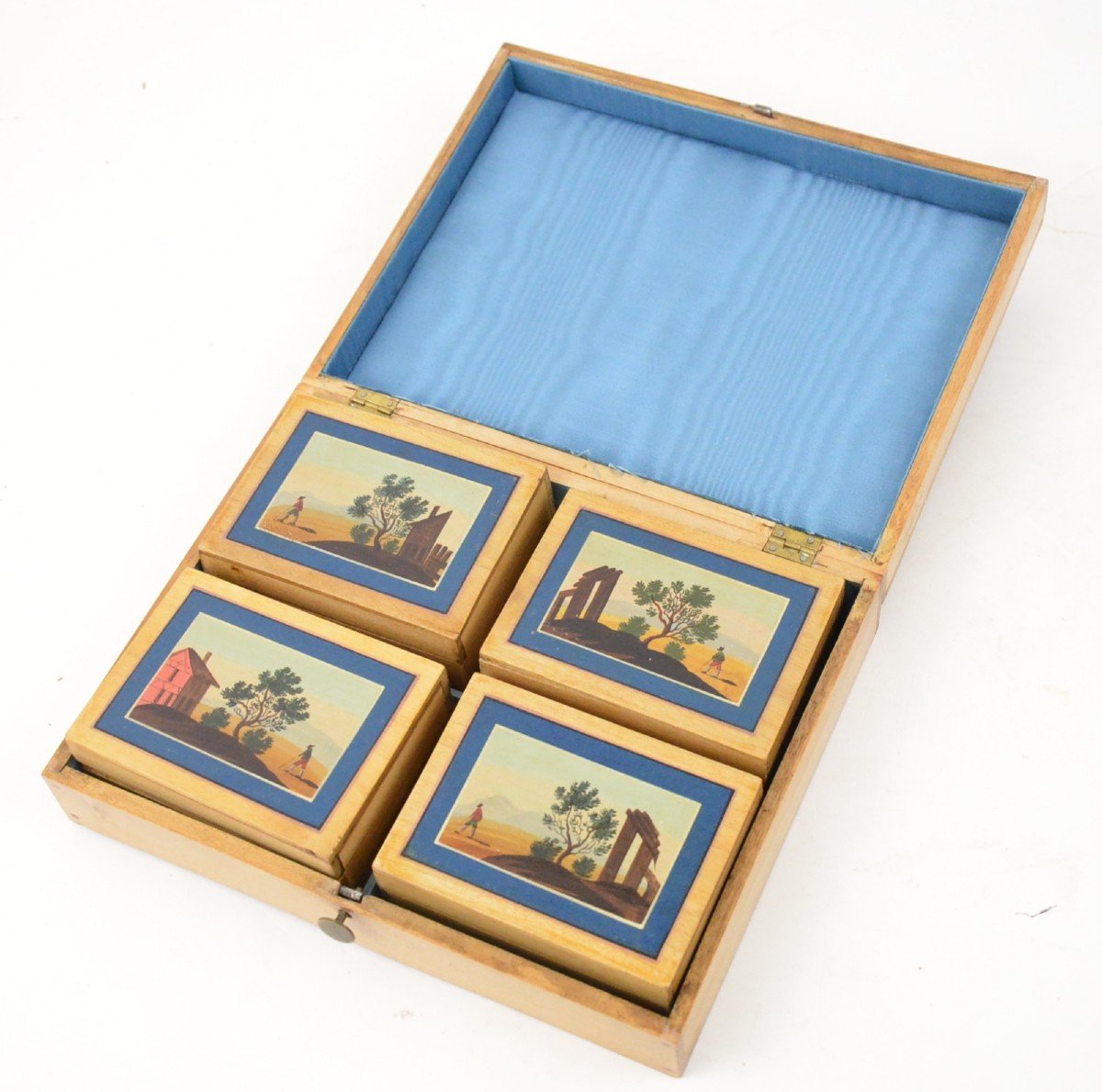 Box With Four Spa Wooden Boxes Decorated With Animated Romantic Landscapes Circa 1900