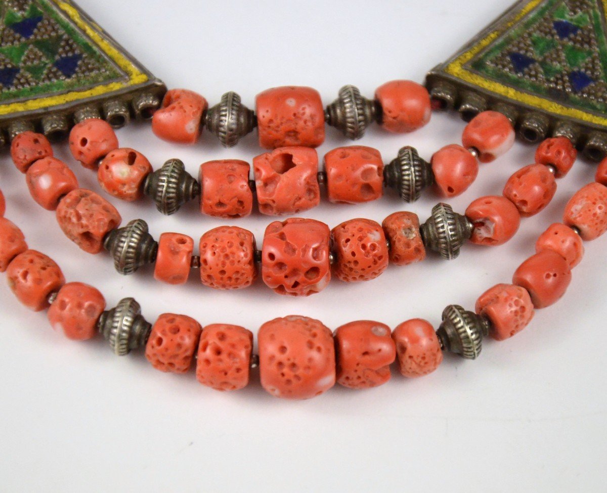 Enamelled Silver And Coral Berbère Necklace-photo-3