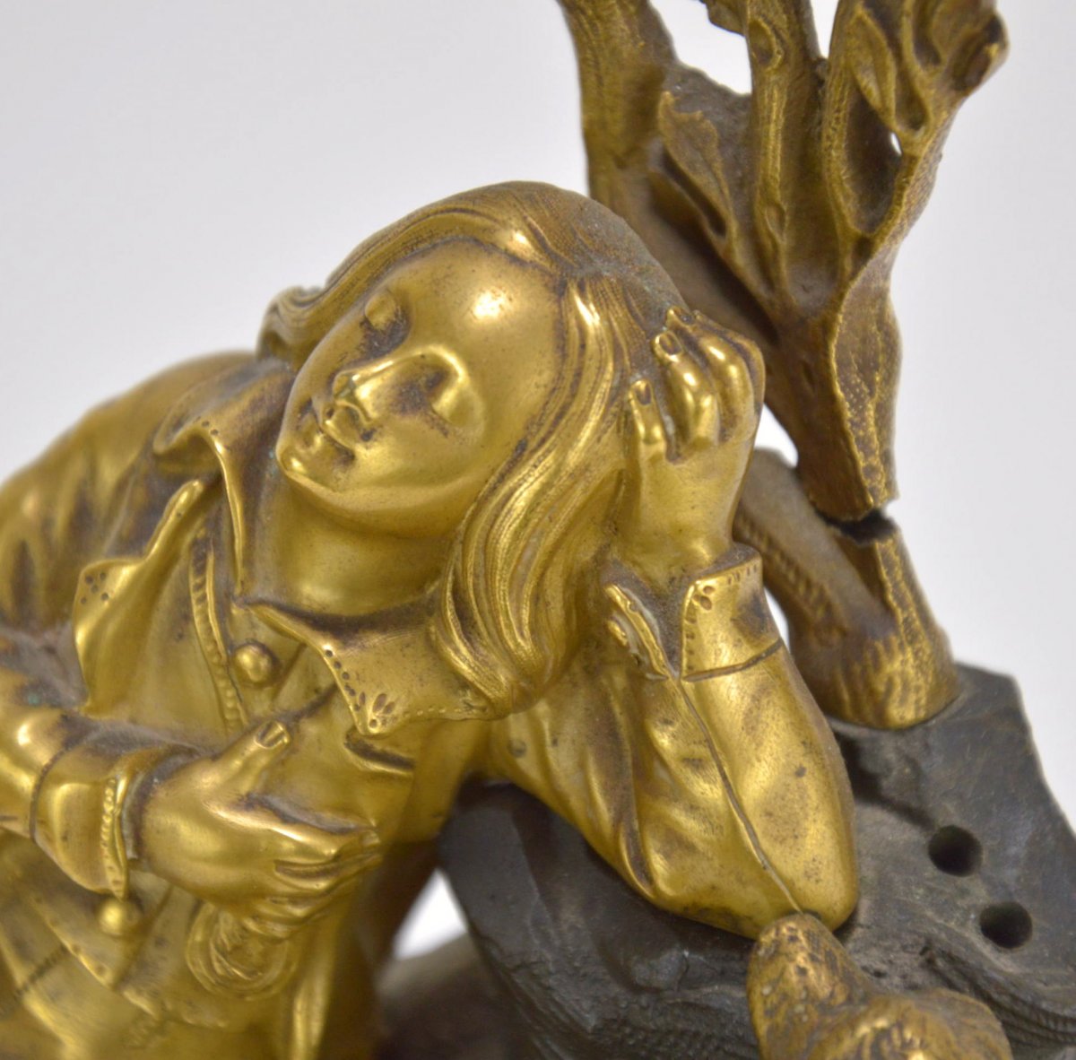 Gilt Bronze Mantel Clock With Sculpture Of A Sleeping Boy Hunter And A Dog 19th Century-photo-4