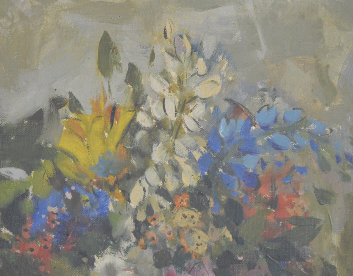 Gustave Camus (1914-1984) Still Life Painting With Flowers Oil On Canvas-photo-2