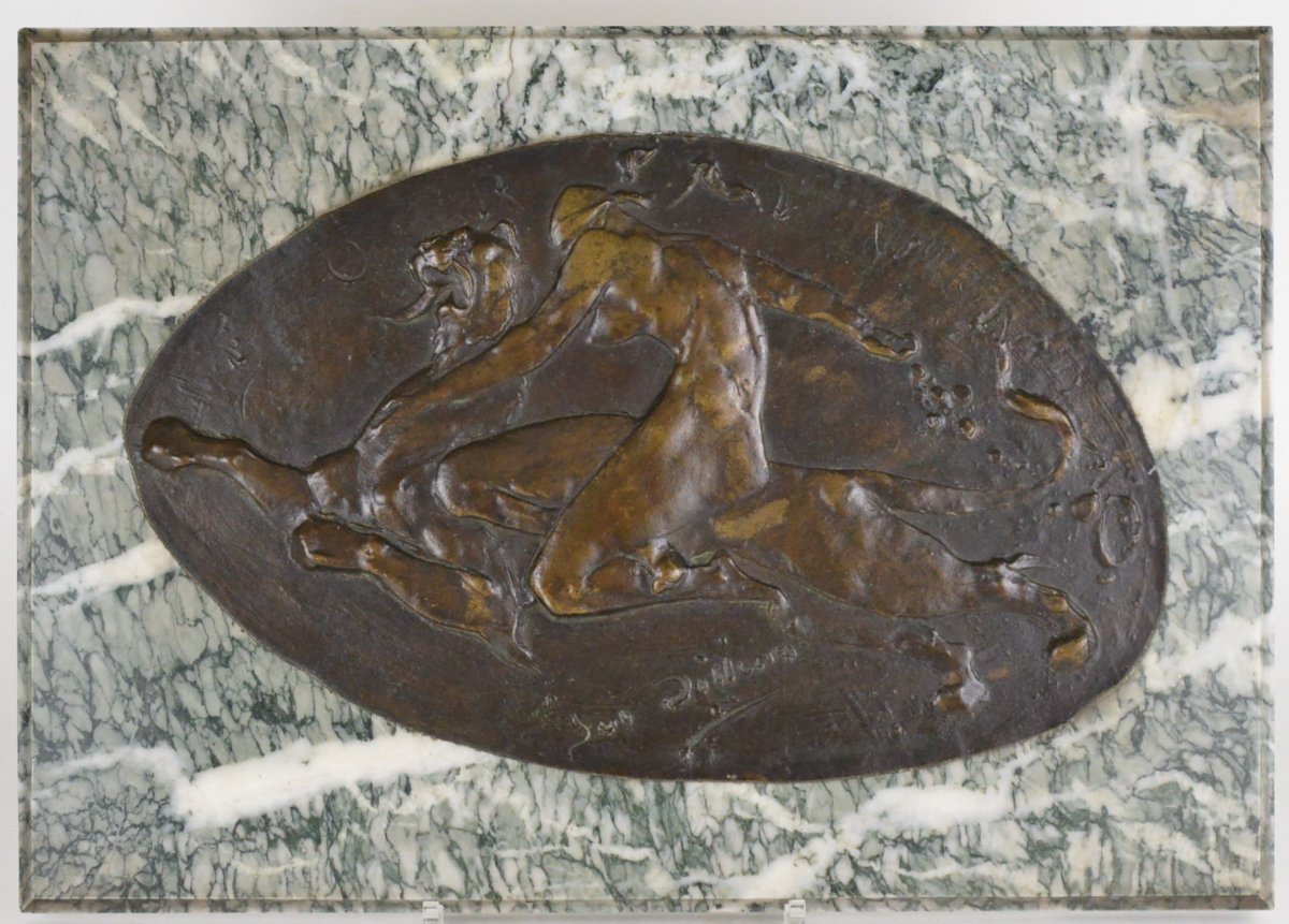 Juliaan Dillens (1849-1904) Medaillon En Bronze Patin&eacute; Amazone Sign&eacute;