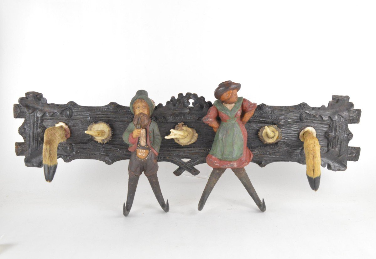 Carved And Painted Wooden Coat And Hat Rack Black Forest Style Work Decorated With Personnages