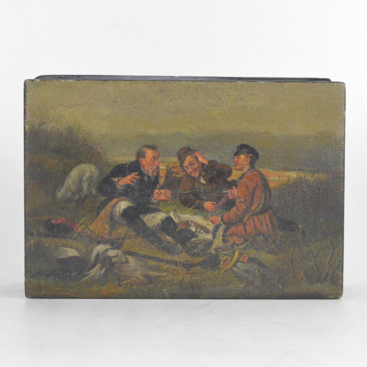 Boîte Laqué Russe d'Après Peinture Du Vassili Perov Les Chasseurs à La Halte Circa 1900