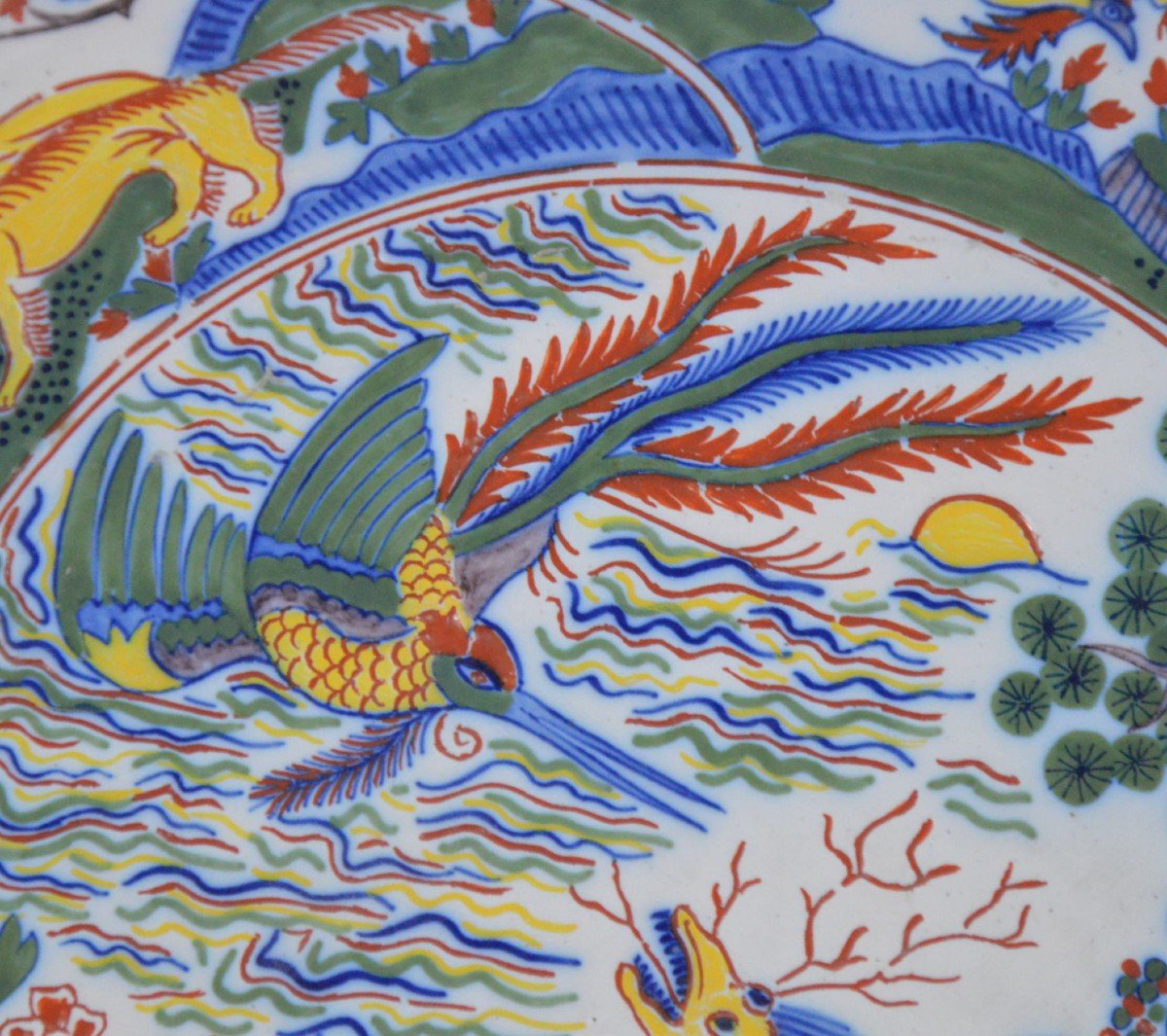 Large Delft Faience Dish With Polychrome Decoration With The Fong Hoang Bird Signed Roos 19th C-photo-1