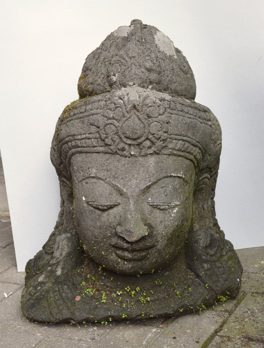 Grande T&ecirc;te De Buddha Asiatique En Pierre 54 cm