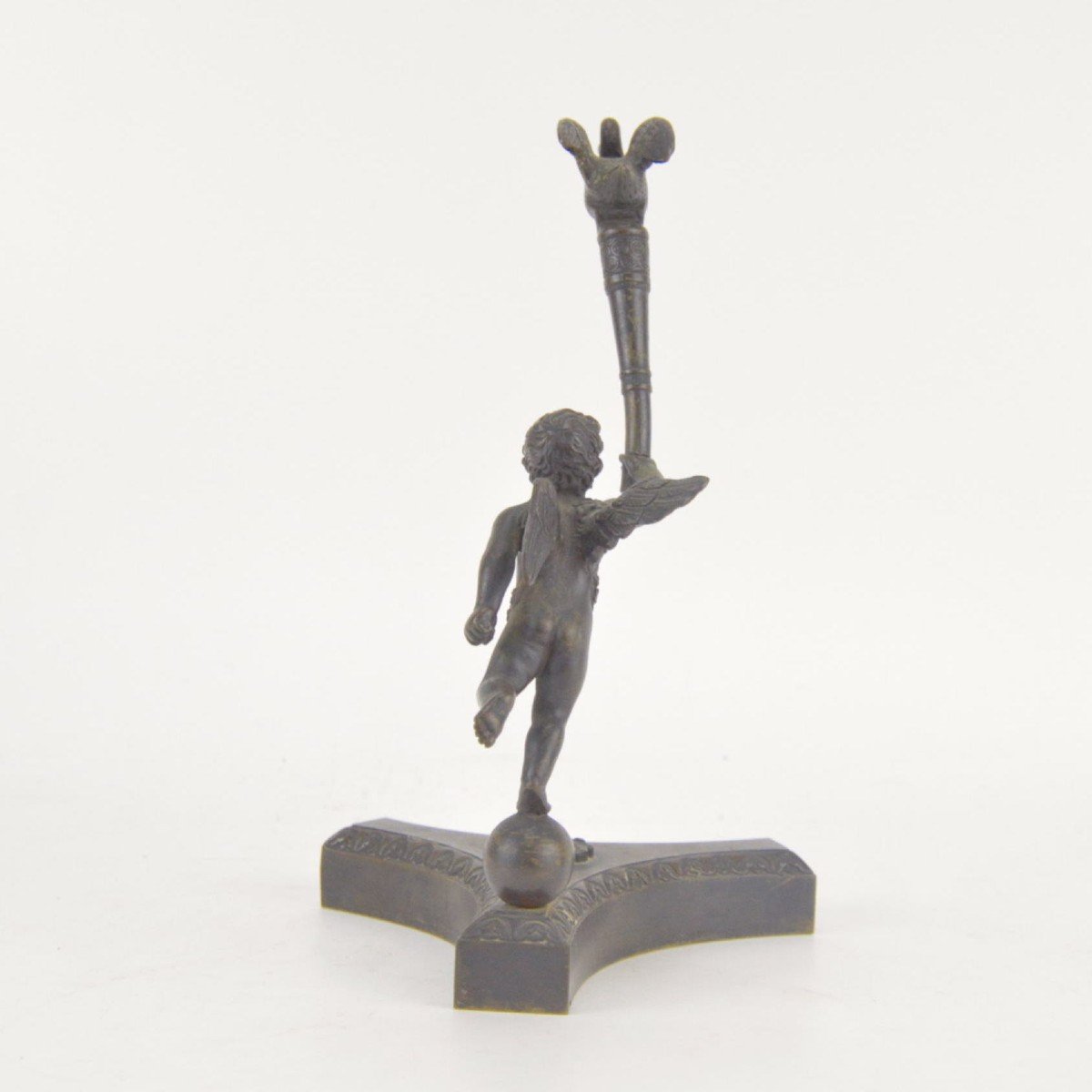 Bronze Watch Holder With Brown Patina In The Shape Of A Putto Holding Stick With A Goose 19th C-photo-2