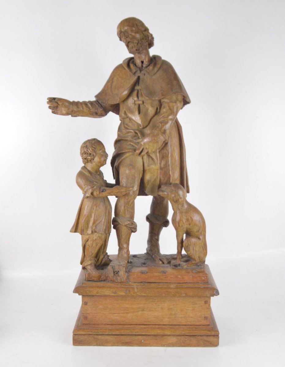 Groupe En Bois Sculpté Saint Roch Avec Enfant Et Chien XVII/XVIIIème