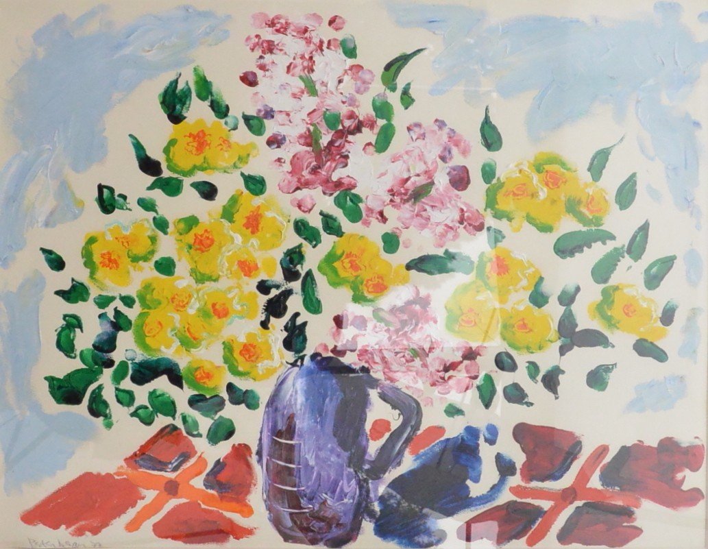 Peter Dean (1934-1993) Peinture Bouquet De Fleurs Huile Sur Papier -photo-2