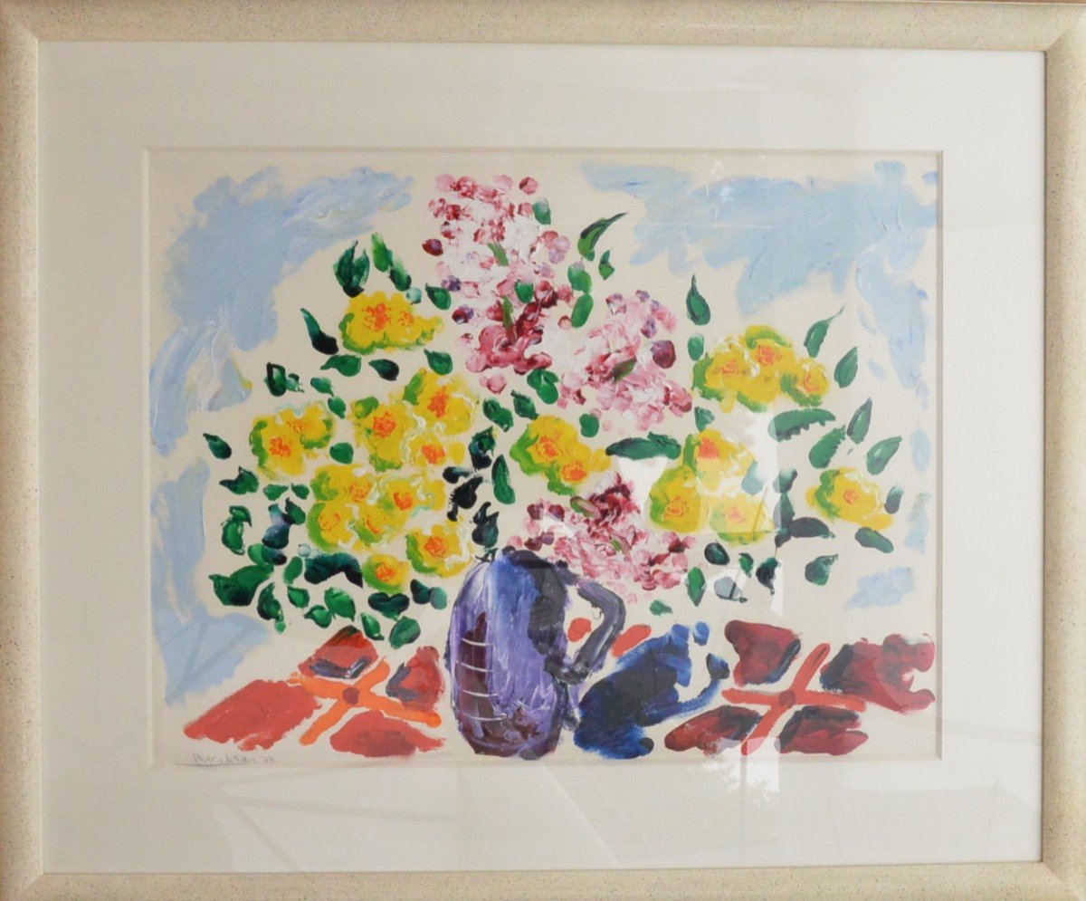 Peter Dean (1934-1993) Peinture Bouquet De Fleurs Huile Sur Papier 