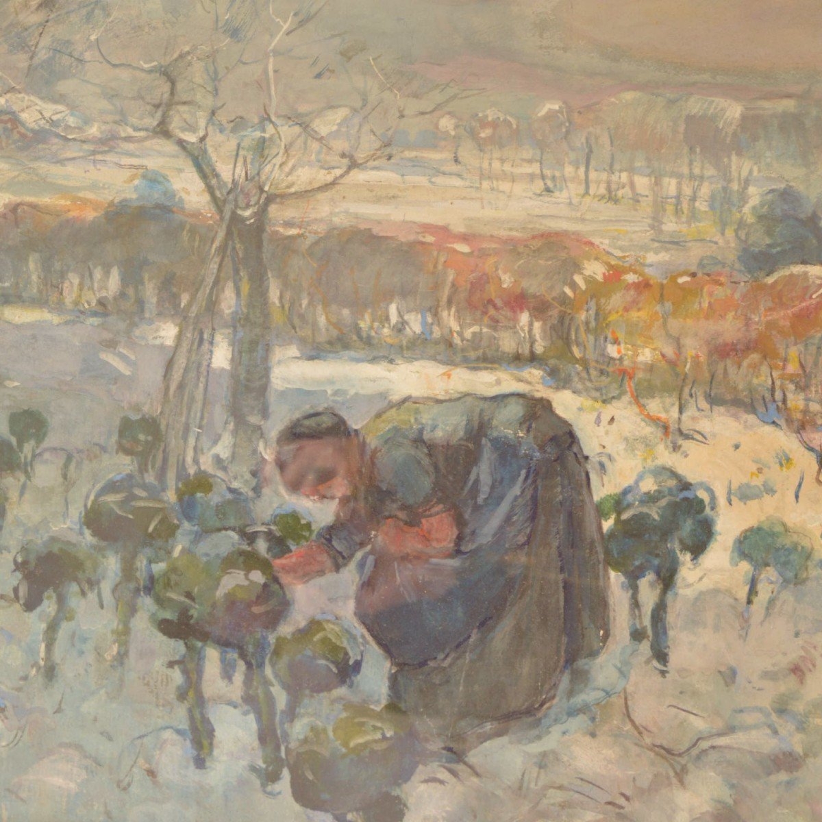 Ludwig Louis (1856-1925) Harvest In Winter Gouache On Paper Early XXth Century-photo-2
