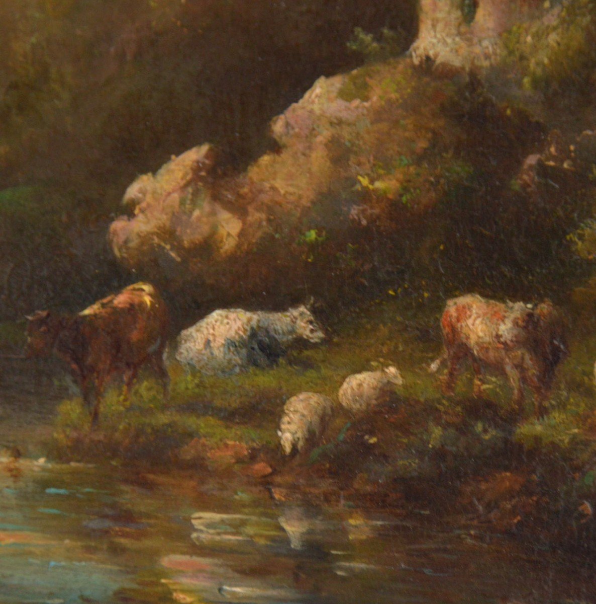 Pastoral Landscape Painting With Cows And Shepherds Oil On Panel Nineteenth-photo-3