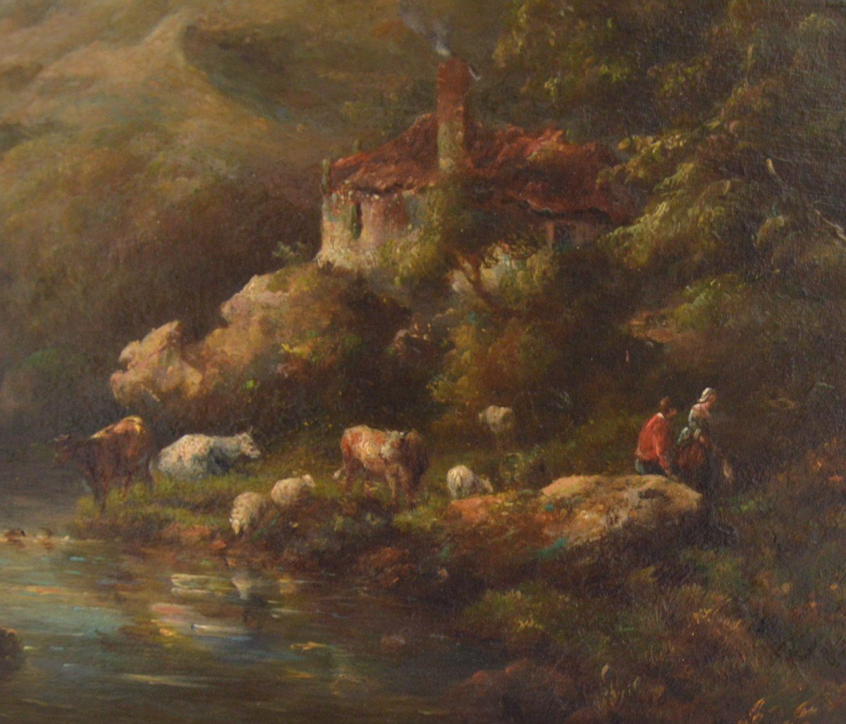 Pastoral Landscape Painting With Cows And Shepherds Oil On Panel Nineteenth-photo-2