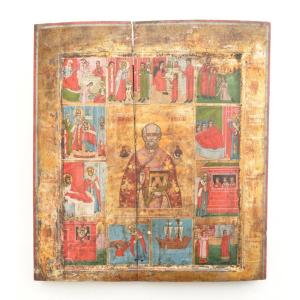 Russian Icon Saint Nicolas Of Myre Surrounded By Twelve Scenes From His 19th Century