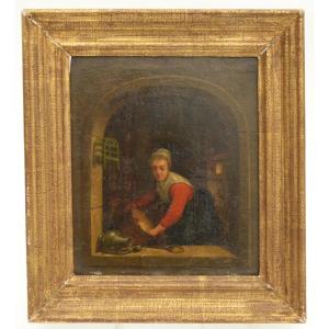 Peinture Ecole Flamande Jeune Femme &agrave; La Cuisine Circa 1800