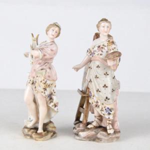 Paire De Figurines En Porcelaine Volkstedt Musique Et Peinture Fin XIXème Allemagne