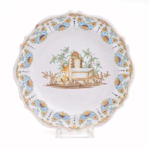 Polychrome Earthenware Plate With  Architectural Decoration 18th Century