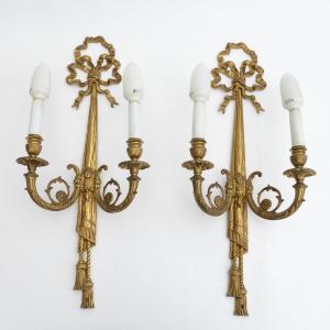 Pair Of Louis XVI Style Gilt Metal Sconces With Two Lights 20th Century