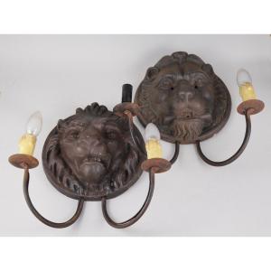 Pair Of Cast Iron Sconces In The Shape Of Lions' Heads