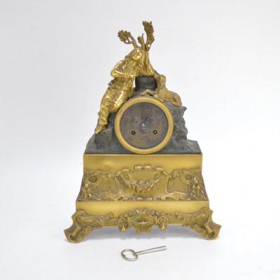 Gilt Bronze Mantel Clock With Sculpture Of A Sleeping Boy Hunter And A Dog 19th Century