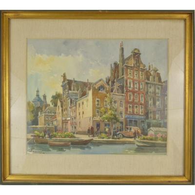 Jean W. Van Nieuwenhuyse (1900-1980) École Belge Dessin Aquarelle Bloemenmarkt à Amsterdam