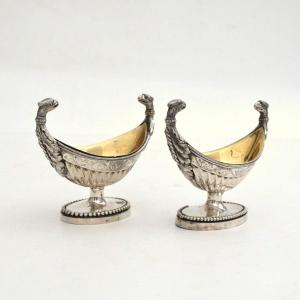 Paire De Sali&egrave;res De Forme Navette En Argent Et R&eacute;ceptacles En Vermeil Bruxelles 1815 - 1832