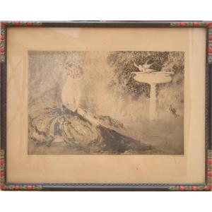 Louis Icart (1888-1950) Art Deco Aquatint Etching In Colors La Nostalgie Wistfulness