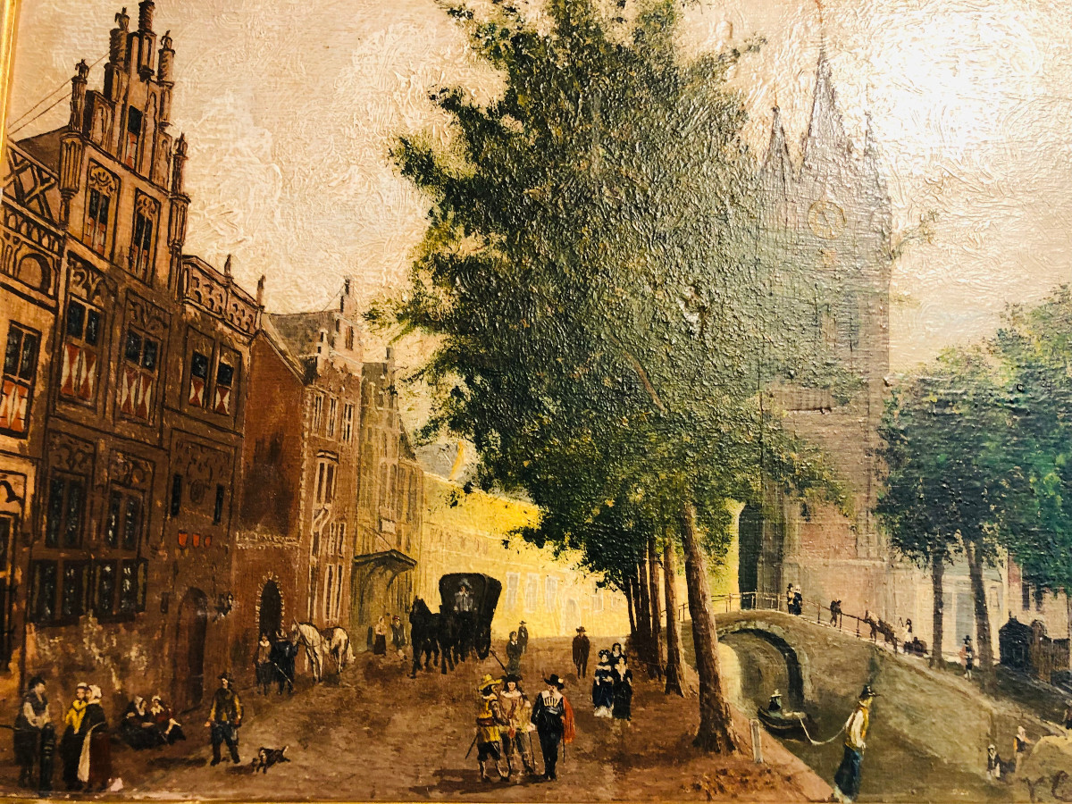 Vue d'une ville en Beigique(?), huile sur toile, XIX siècle-photo-3