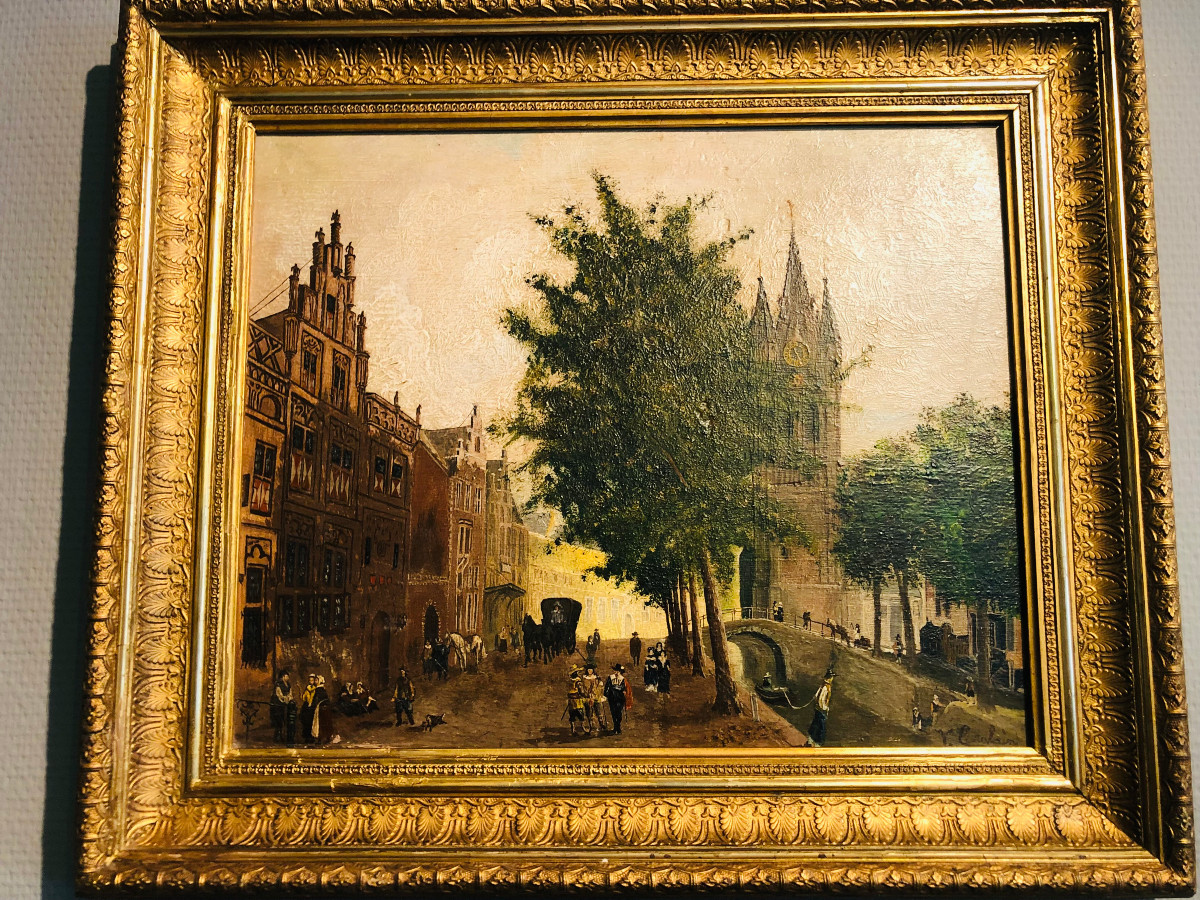 Vue d'une ville en Beigique(?), huile sur toile, XIX siècle-photo-1