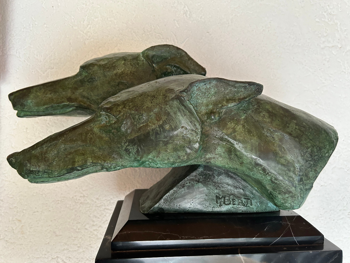 Statuette en bronze représentant deux têtes de lévriers,  ART DÉCO ca. 1920/30-photo-1