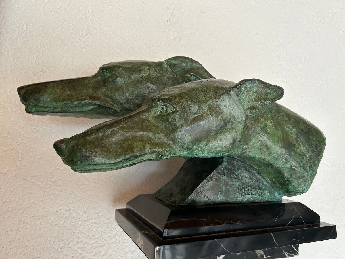 Statuette en bronze représentant deux têtes de lévriers,  ART DÉCO ca. 1920/30-photo-2
