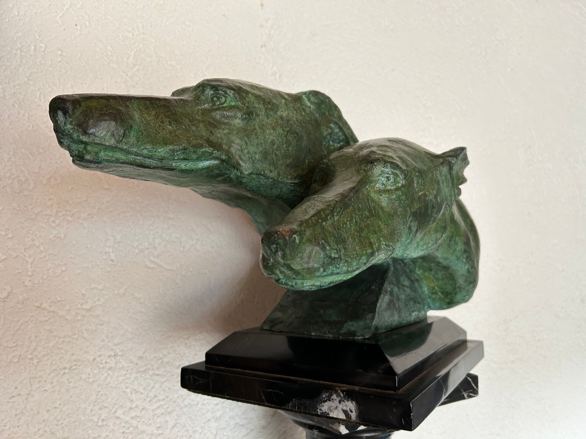 Statuette en bronze représentant deux têtes de lévriers,  ART DÉCO ca. 1920/30-photo-4