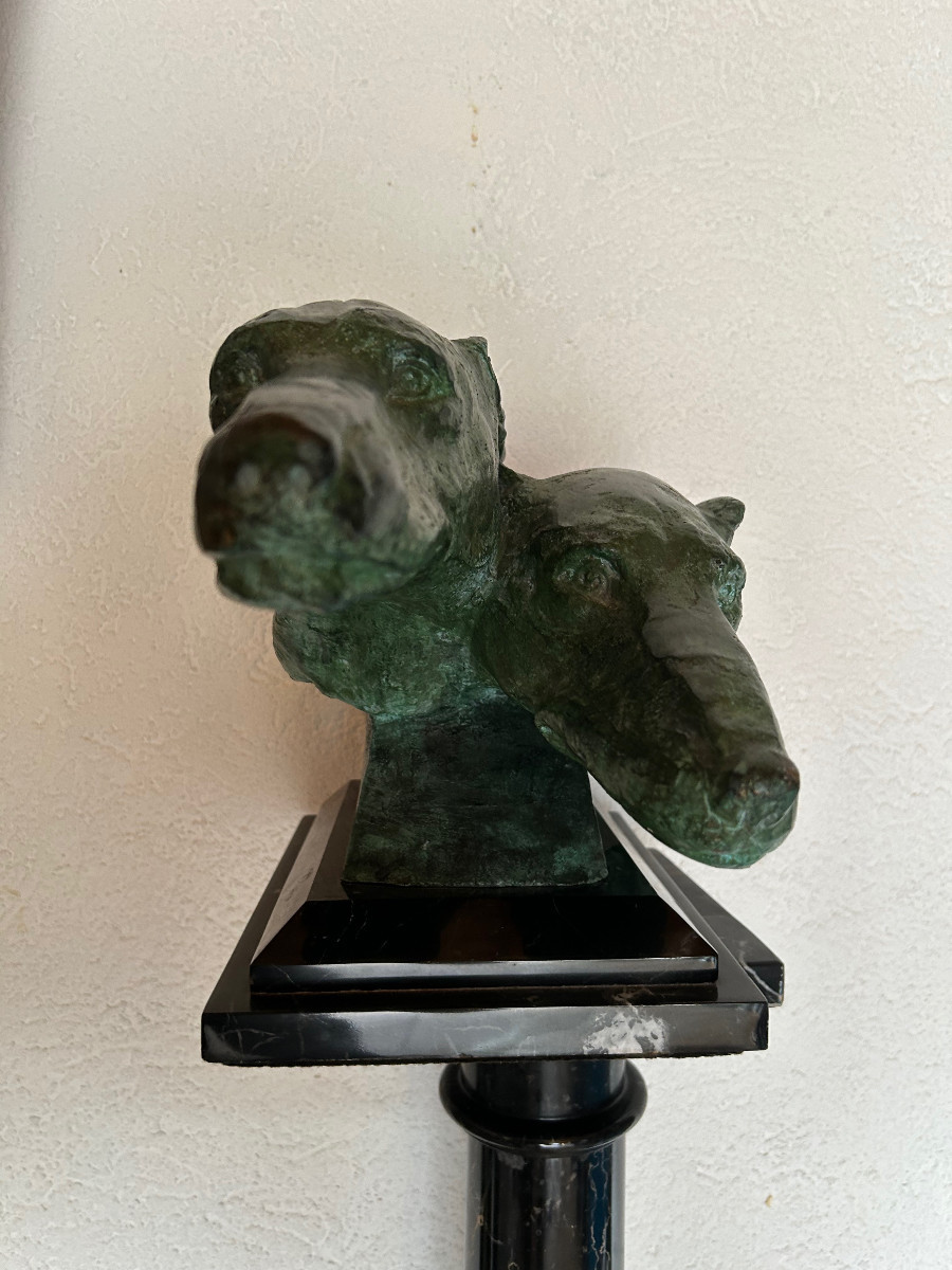 Statuette en bronze représentant deux têtes de lévriers,  ART DÉCO ca. 1920/30-photo-5