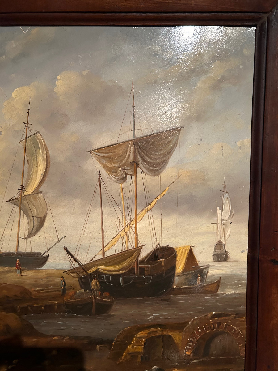 Old Master Painting With Ships At Sea, Oil On Copper, 17th/18th Century-photo-3