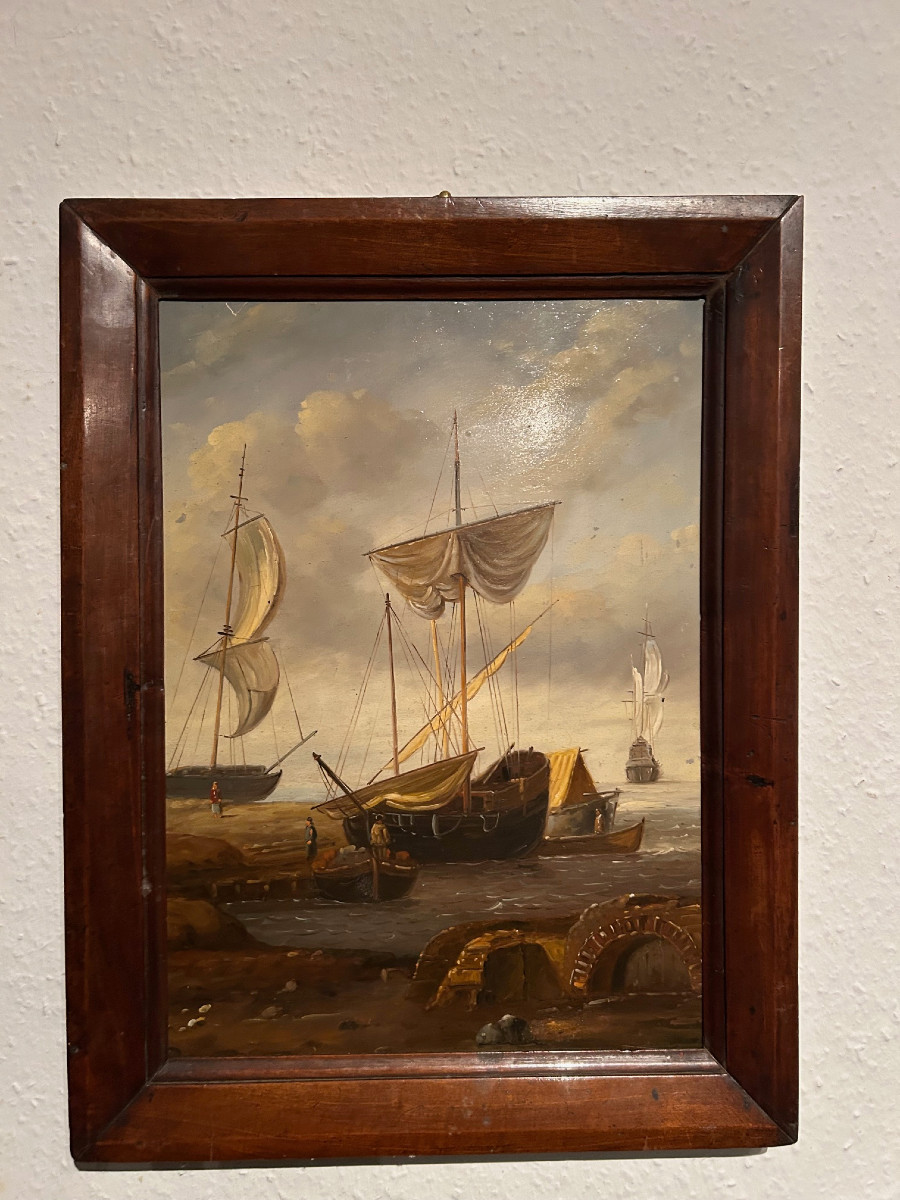 Old Master Painting With Ships At Sea, Oil On Copper, 17th/18th Century-photo-1