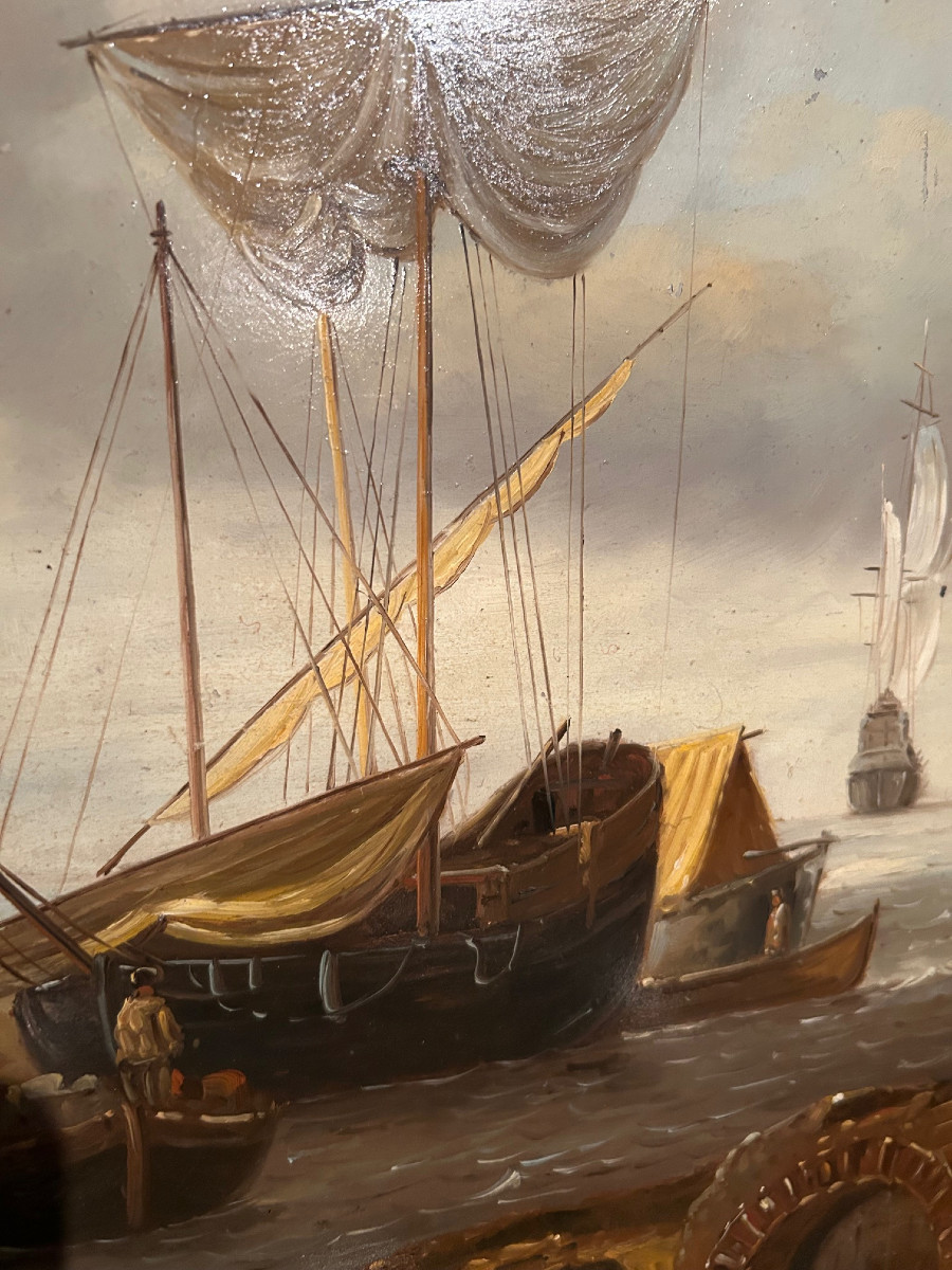 Old Master Painting With Ships At Sea, Oil On Copper, 17th/18th Century-photo-4