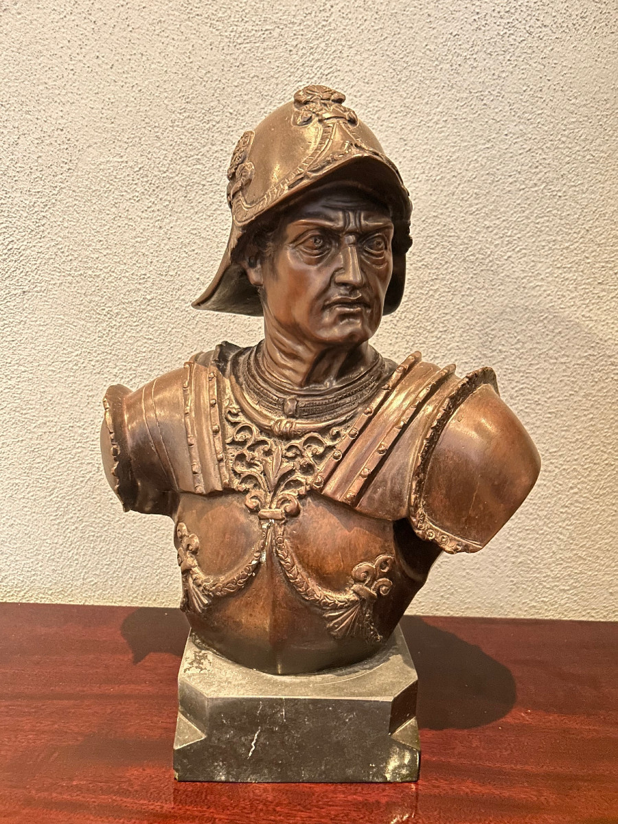 Bronze Bust Of Barthélemy Colleoni On A Black Marble Base-photo-2