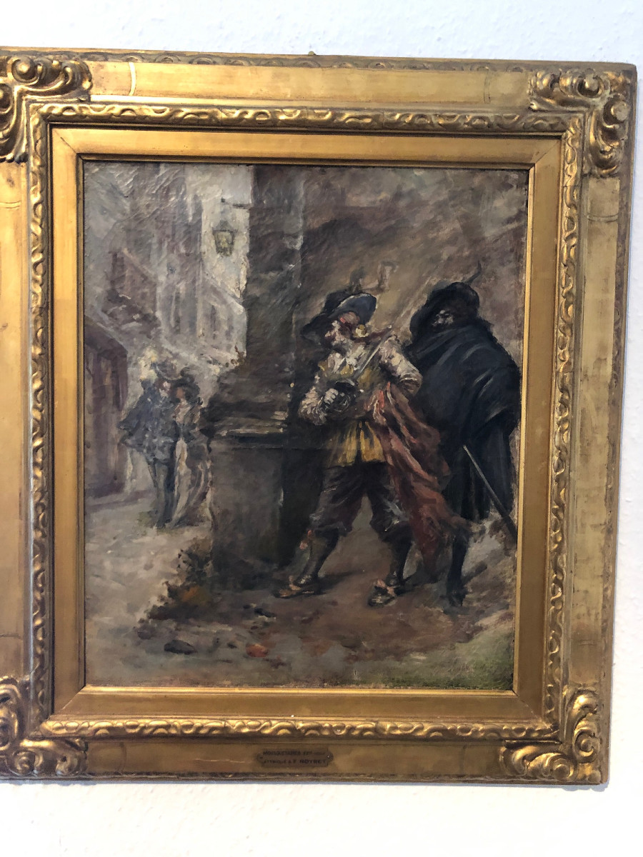 Tableau ancien à l'huile du 19éme siécle représentant des mousquetaires-photo-1