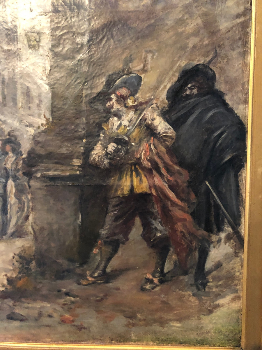Tableau ancien à l'huile du 19éme siécle représentant des mousquetaires-photo-3