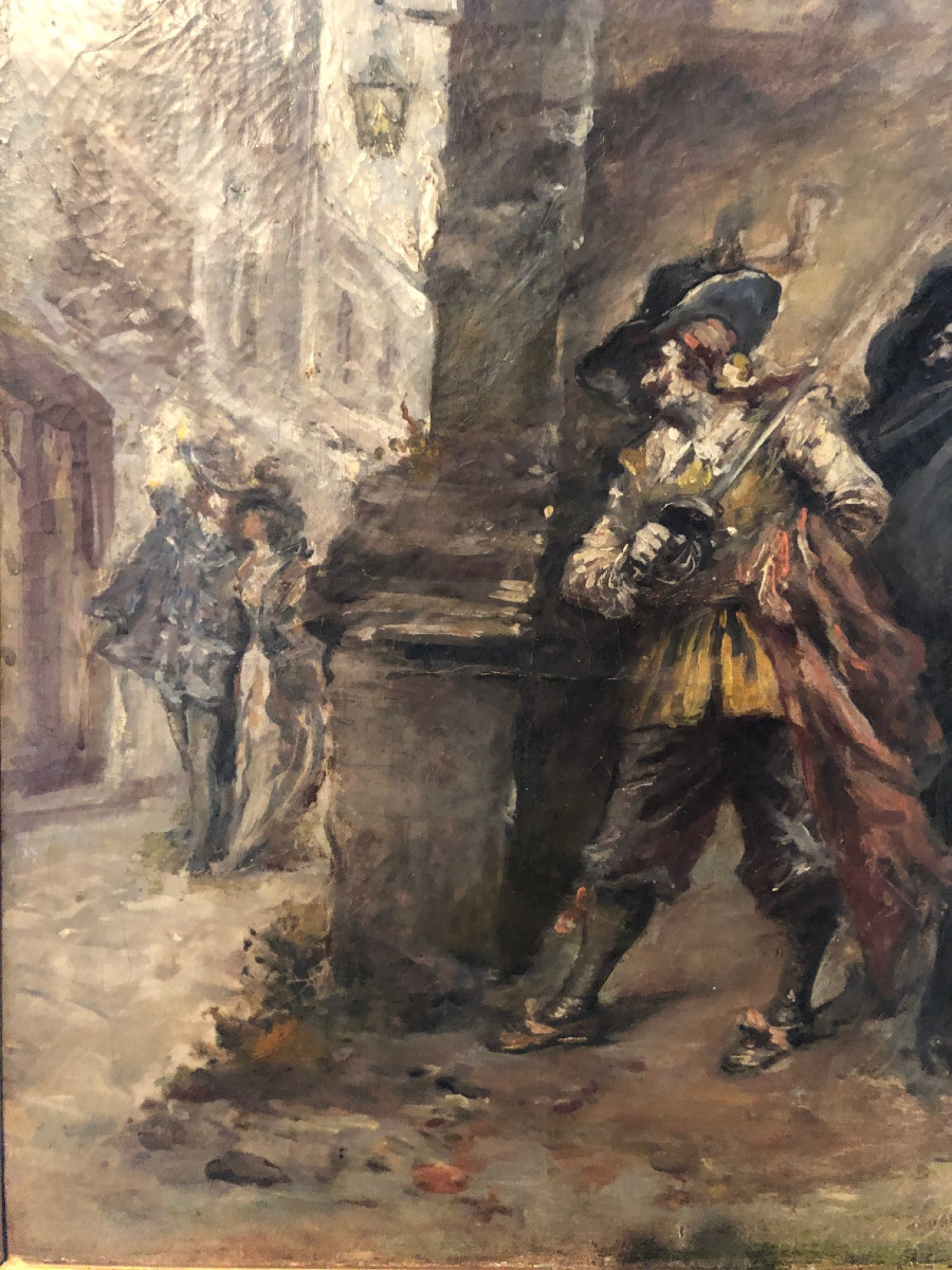 Tableau ancien à l'huile du 19éme siécle représentant des mousquetaires-photo-4